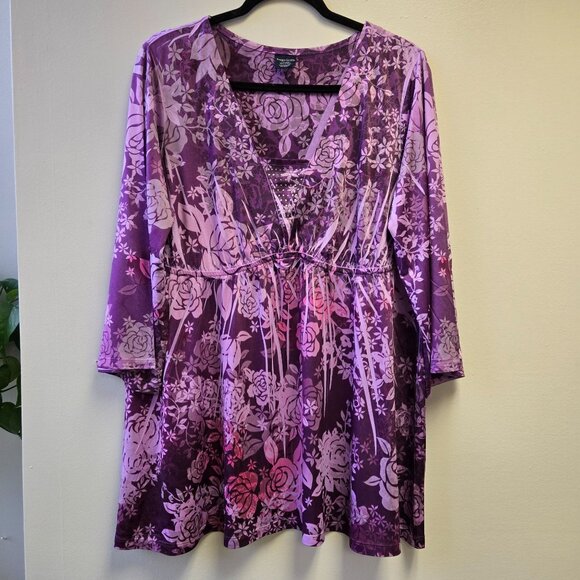 Vintage Purple Floral Bell Sleeve Babydoll Fairy Whimsigoth Womens 1X Tunic Top - Picture 1 of 10